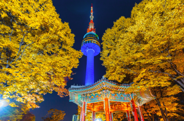 Cambio de color en otoño en Seúl y la Torre N de Seúl en otoño por la noche, ciudad de Seúl, Corea del Sur